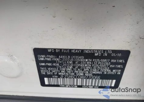 2010 Subaru Forester 2.5X Premium z USA, uszkodzony, nr VIN JF2SH6CC0AH770066